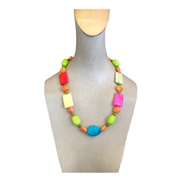 Bright Beaded Multi Shaped Pink, Blue, Orange Beads Lightweight Summer Necklace - Picture 1 of 8